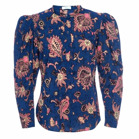 ALC Women Marci Abstract Floral Blouse 4 Blue Paisley Puff Shoulder Contemporary - Picture 1 of 12